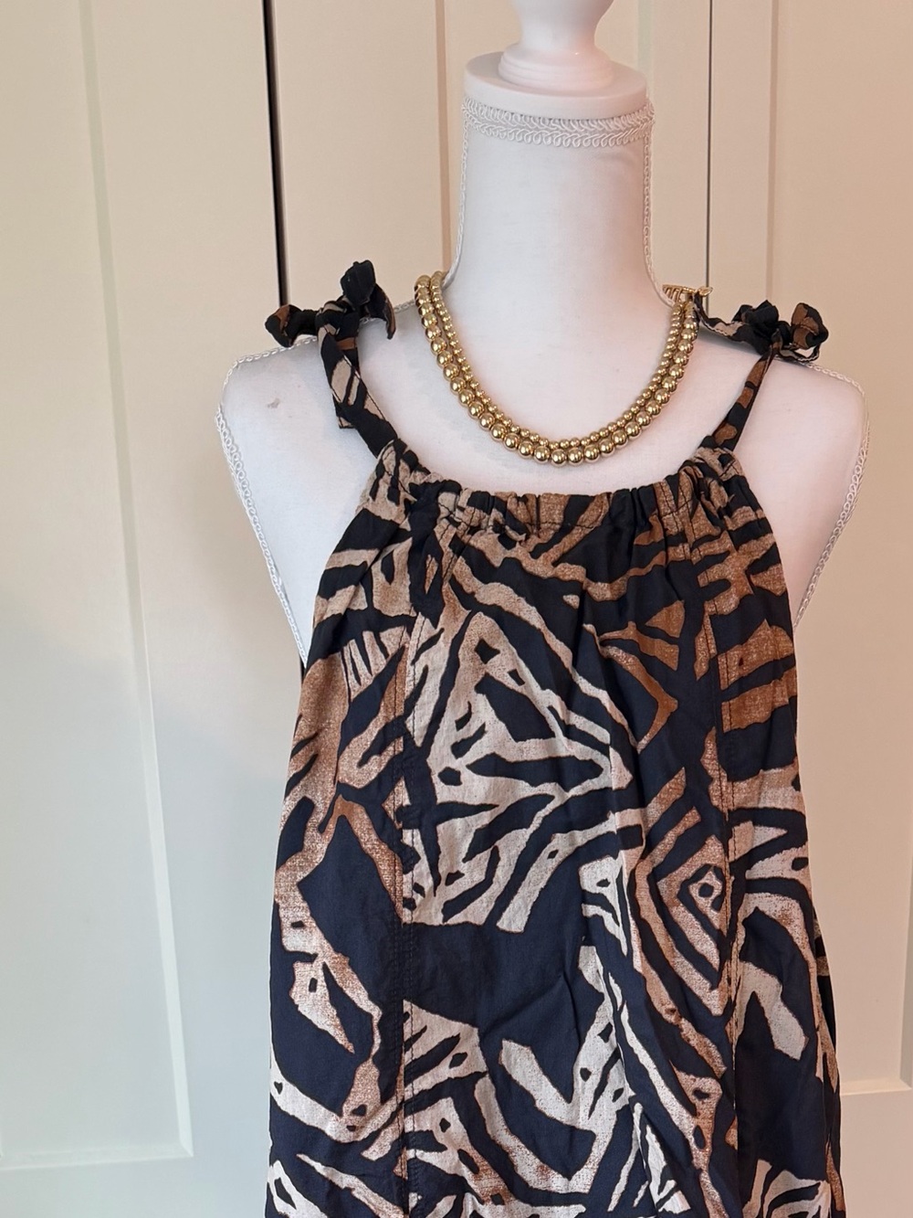 H&M Black, Tan & Cream Abstract Tie-Shoulder Sundress
